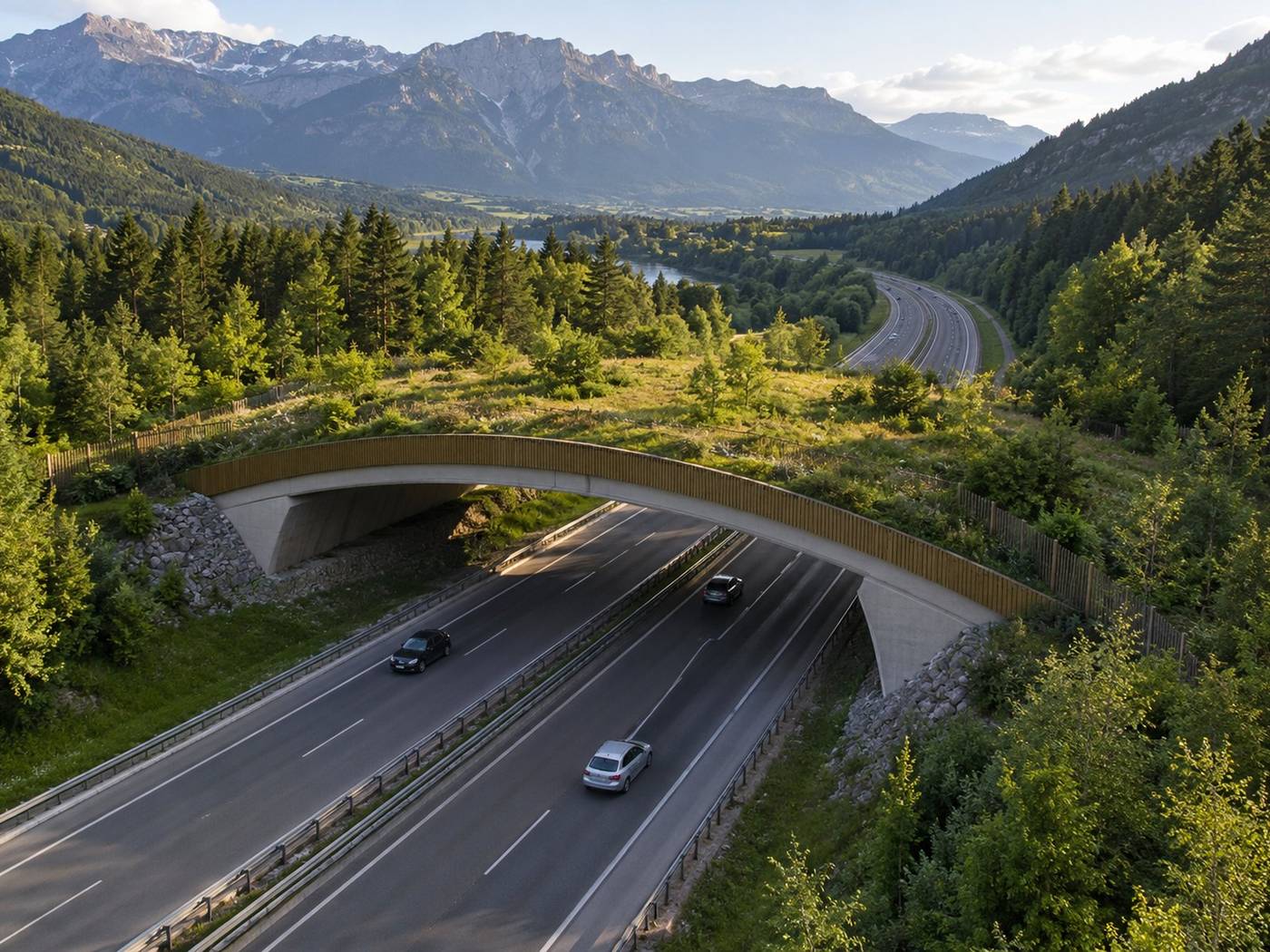 Écopont végétalisé au-dessus d'une autoroute alpine, corridors écologiques pour la faune