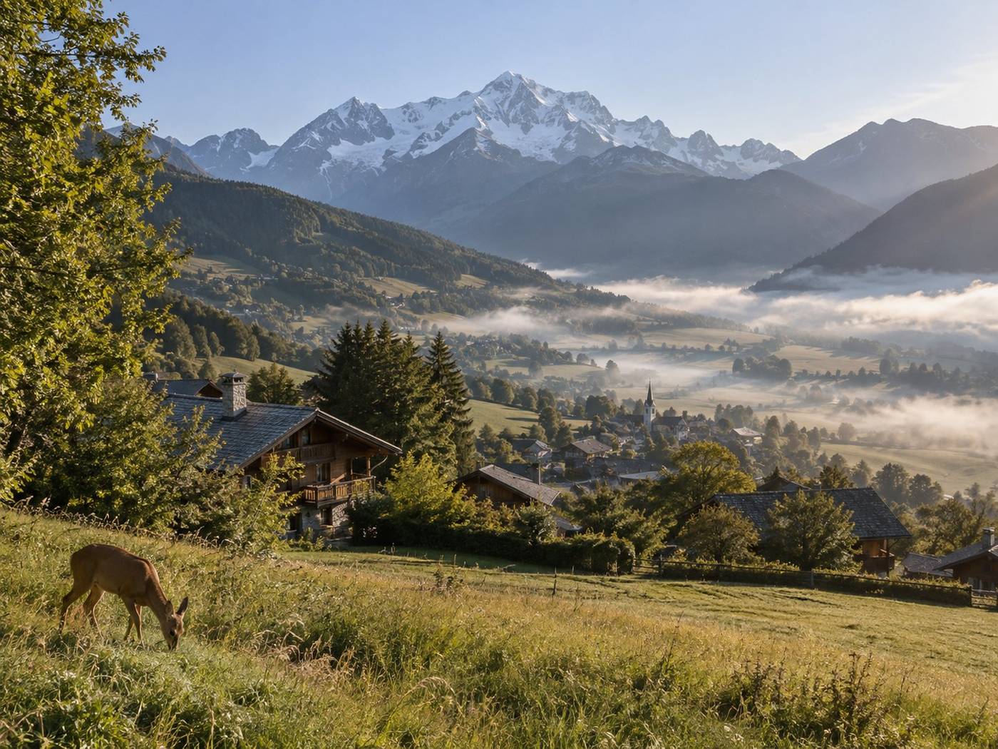 Village savoyard en lisière de prairie, chevreuil au premier plan : enjeux faune et urbanisme