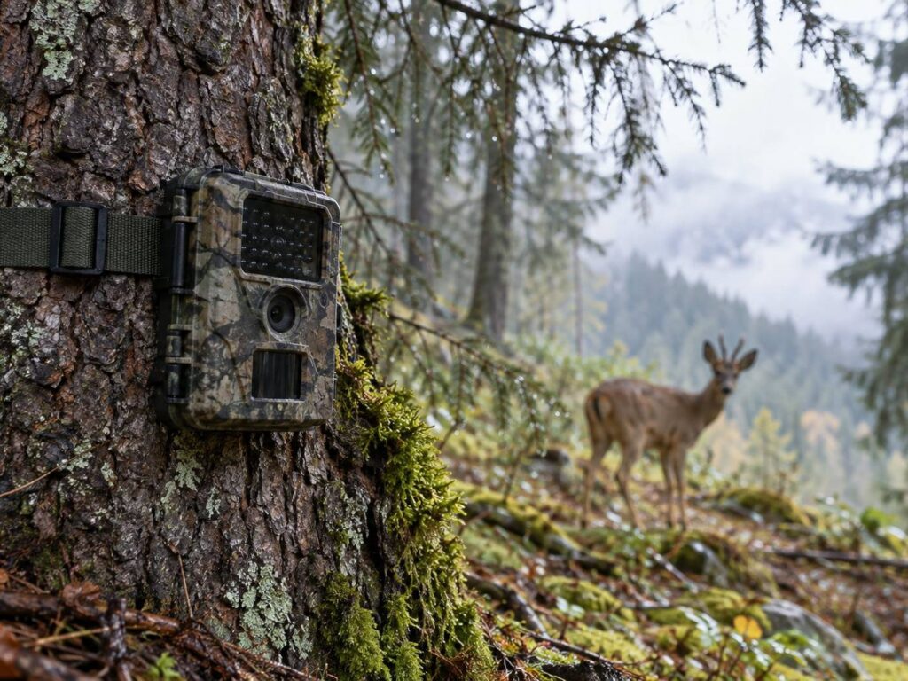 Piège photographique pour les inventaires de la faune sauvage, chevreuil en arrière-plan