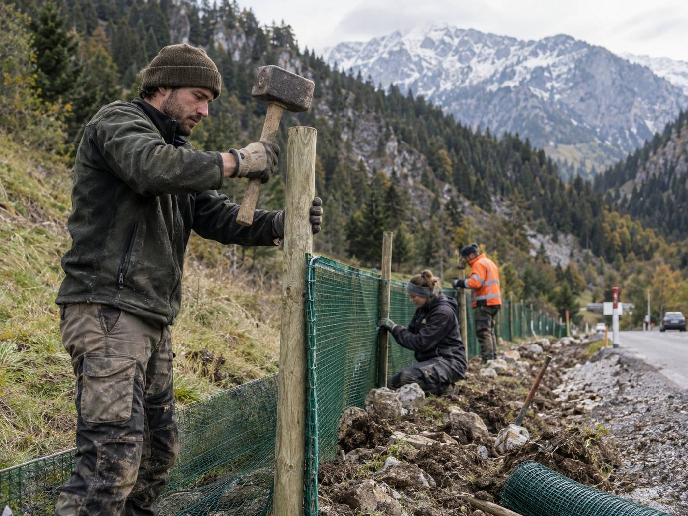 Équipe posant une clôture à faune le long d'une route de montagne