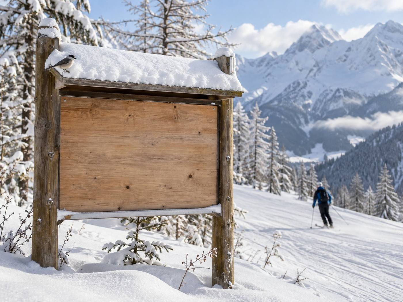 Panneau d'information en bois en bord de piste enneigée : supports de sensibilisation à la faune pour les domaines skiables
